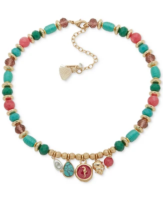 lonna & lilly Gold-Tone Mixed Stone & Thread-Wrapped Beaded Sea-Motif Charm Necklace, 16" + 3" extender