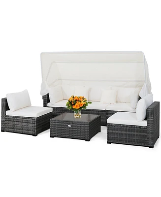 Sugift 6 Pieces Patio Rattan Furniture Set with Retractable Canopy