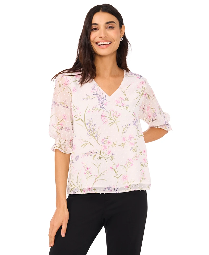 CeCe Women's Floral 3/4-Sleeve Ruffled V-Neck Blouse