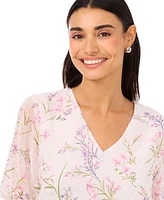 CeCe Women's Floral 3/4-Sleeve Ruffled V-Neck Blouse