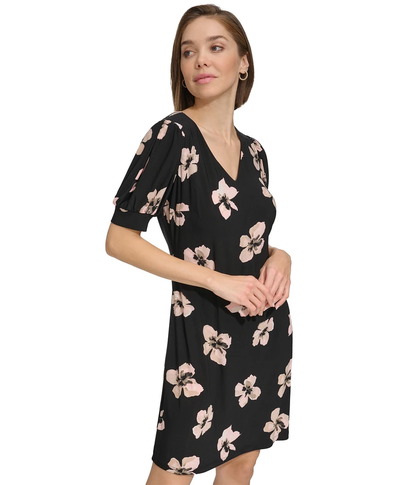 Tommy Hilfiger Women's Floral V-Neck Puff-Sleeve Dress