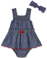 Tommy Hilfiger Baby Girls Cotton Pom-Pom-Trim Printed Chambray Sunsuit & Headband, 2 Piece Set