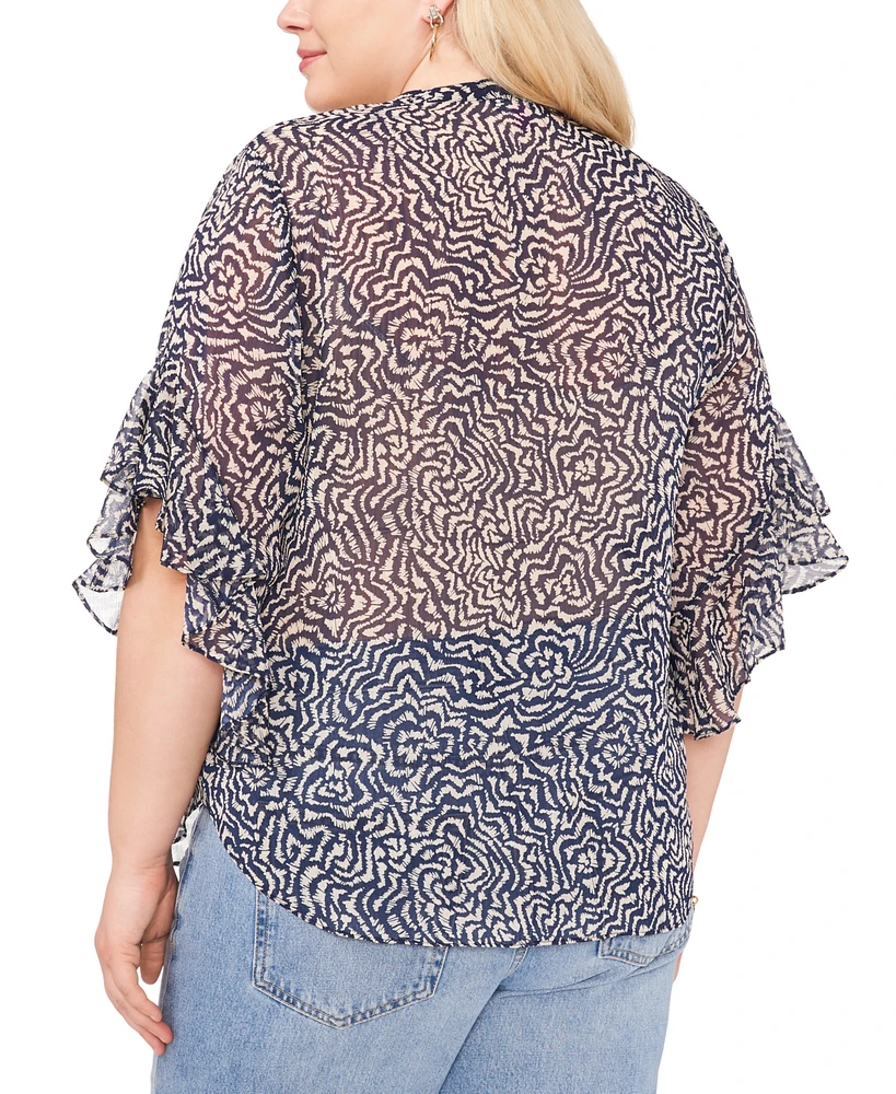 Vince Camuto Plus Printed Pintuck Flutter 3/4-Sleeve Henley Blouse