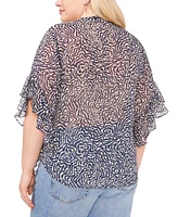 Vince Camuto Plus Size Printed Pintuck Flutter 3/4-Sleeve Henley Blouse