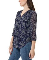 Jones New York Women's Kelly Printed Sheer-Sleeve Pleated Blouse