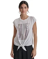 Dkny Women's Rhinestone-Cityscape Sleeveless Tie-Hem Top