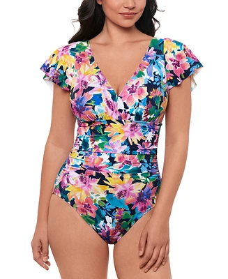 Swim Solutions Women's Garden Dreams Flutter-Sleeve One-Piece Swimsuit, Created for Macy's