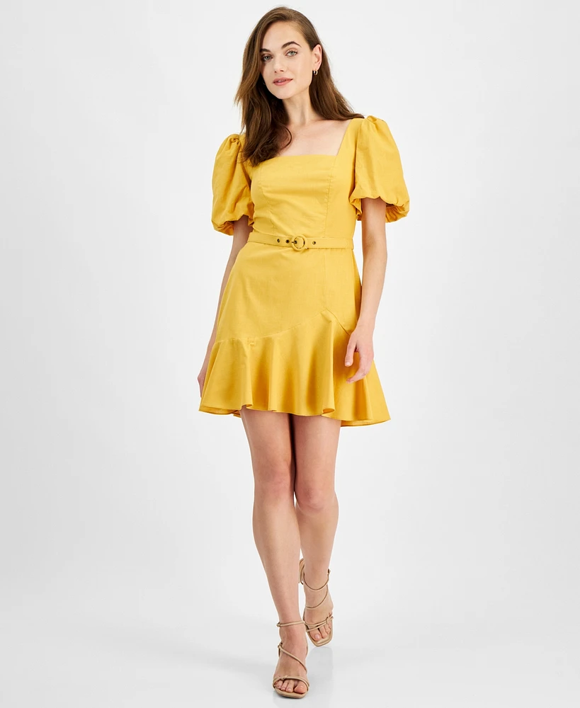 City Studios Juniors' Cotton Balloon-Sleeve Belted Mini Dress