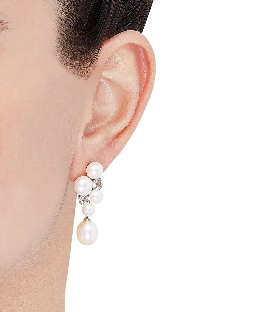 Arabella Freshwater Pearl (5-1/2-9-1/2mm) & Cubic Zirconia Cluster Drop Earrings in Sterling Silver