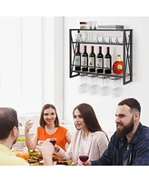 Slickblue 3-Tiers Industrial Wall Mounted Wine Rack with Glass Holder and Metal Frame