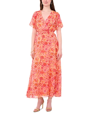 Sam & Jess Women's Printed Flutter-Sleeve Smocked-Waist Maxi Dress