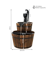 Sunnydaze Decor Rustic 2-Tier Wood Barrel Water Fountain with Hand Pump - 34 in