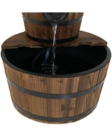 Sunnydaze Decor Wooden Bowl/Barrel Water Fountain with Hand Pump/Liner - 23 in