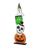 Glitzhome 36"H Halloween Wooden Stacked Ghost Frankenstein Skull Pumpkin Porch Decor