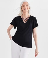 Style & Co Women's Smocked Flutter-Sleeve V-Neck Knit Top