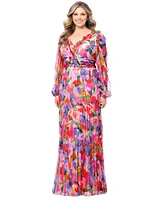 Betsy & Adam Plus Printed Pleated Long-Sleeve Gown