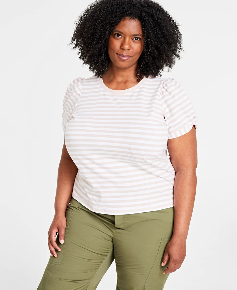 On 34th Trendy Plus Striped Knot-Detail Puffed-Sleeve Top, Created for Macy's