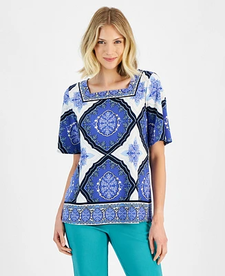 Jm Collection Women's Printed Square Neck Short Sleeve Top, Created for Macy's