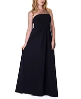 24seven Comfort Apparel Pleated A Line Strapless Maxi Pocket Dress