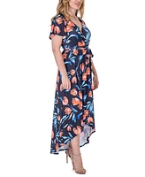 24seven Comfort Apparel Print V Neck Belted High Low Faux Wrap Dress