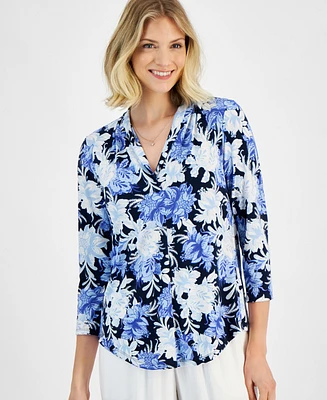 Jm Collection Women's Floral-Print 3/4 Sleeve Pleated-Neck Top, Created for Macy's