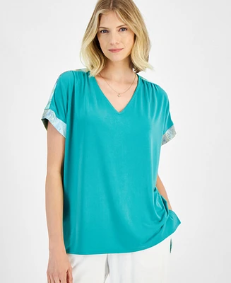 Jm Collection Women's Mixed-Media Short Sleeve Top