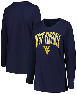 Profile Women's Navy West Virginia Mountaineers Plus Size Arch Over Logo Scoop Neck Long Sleeve T-Shirt