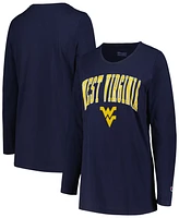 Profile Women's Navy West Virginia Mountaineers Plus Size Arch Over Logo Scoop Neck Long Sleeve T-Shirt