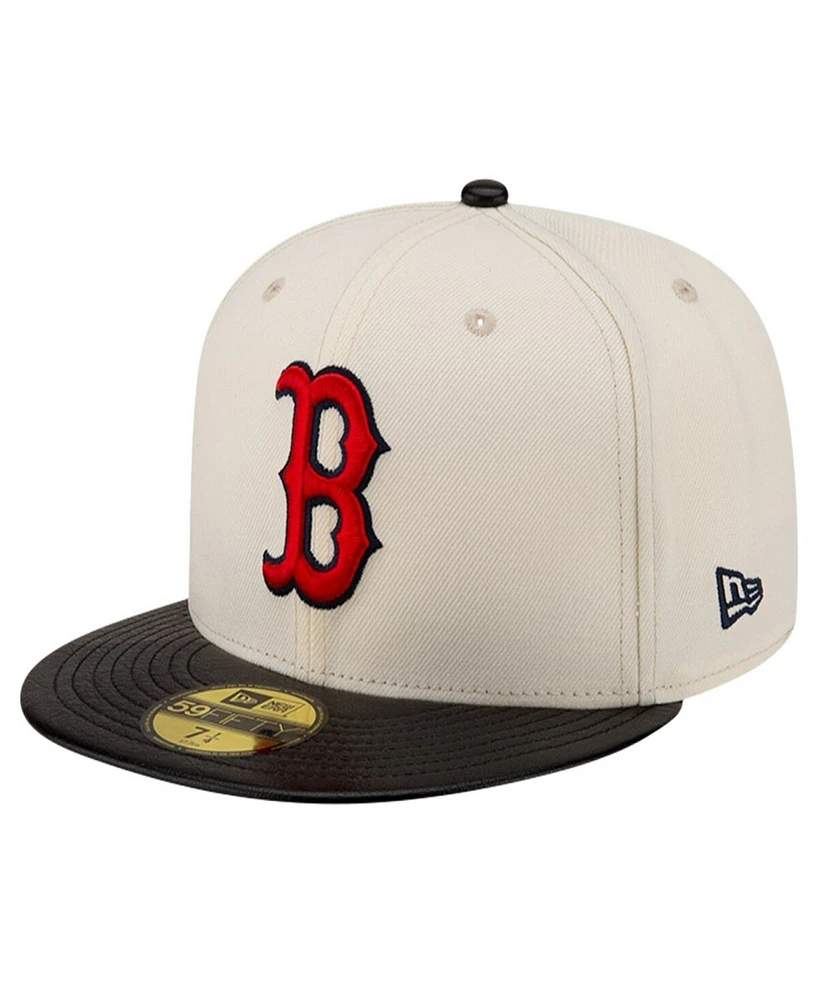 New Era Men's Cream Boston Red Sox Game Night Leather Visor 59Fifty Fitted Hat