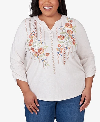 Alfred Dunner Plus Size Scottsdale Falling Floral Embroidered Henley Top