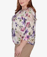 Alfred Dunner Plus Size Charm School Embellished Keyhole Floral Textured Top