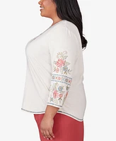 Alfred Dunner Plus Size Sedona Sky Sedona Split Neck Embroidered Top