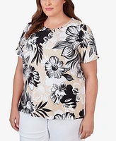 Alfred Dunner Plus Pleated Neck Bold Floral Short Sleeve Tee