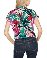 Belldini Women's Printed Collared Button-Front Floral Top