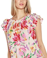 Belldini Women's Smocked Printed Floral Eyelet Top