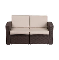 Malmok Outdoor Furniture Resin Loveseat Faux Rattan Wicker Pattern 2-Seat Loveseat With All-Weather Cushions
