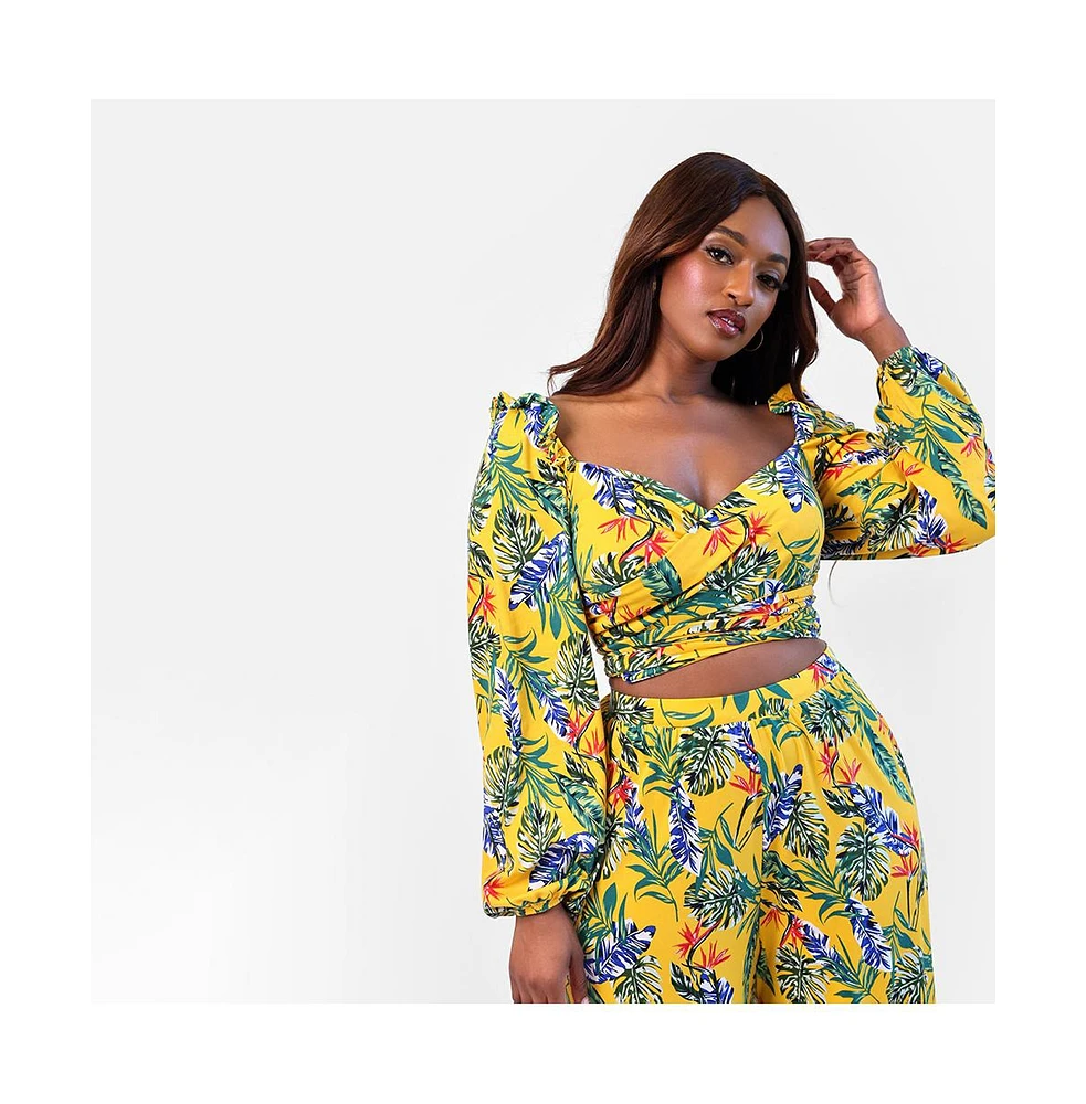 Rebdolls Plus Size Destiny Tropical Print Puff Sleeve Crop Top