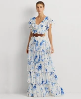 Lauren Ralph Women's Belted Tiered Floral Gown