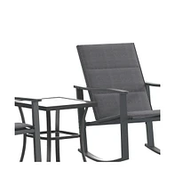 Brevyn 3 Piece Outdoor Bistro Set With Flex Comfort Rocking Chairs And Steel Framed Glass Top Table