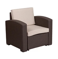 Errol 4 Piece Faux Rattan Patio Furniture Set With 2 Chairs And Sofa With Removable Beige Cushions And Table