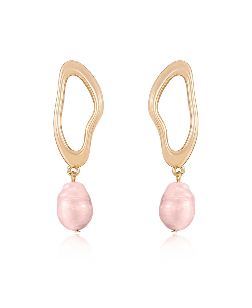 Ettika Open Circle 18k Gold Plated and Pink Freshwater Pearl Dangle Earrings