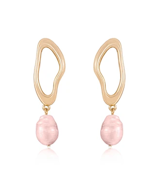 Ettika Open Circle 18k Gold Plated and Pink Pearl Dangle Earrings