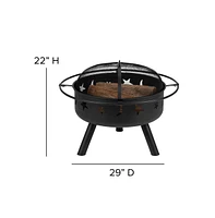 Emma+Oliver Round Wood Burning Sun & Moon Cutout Outdoor Firepit With Mesh Spark Screen