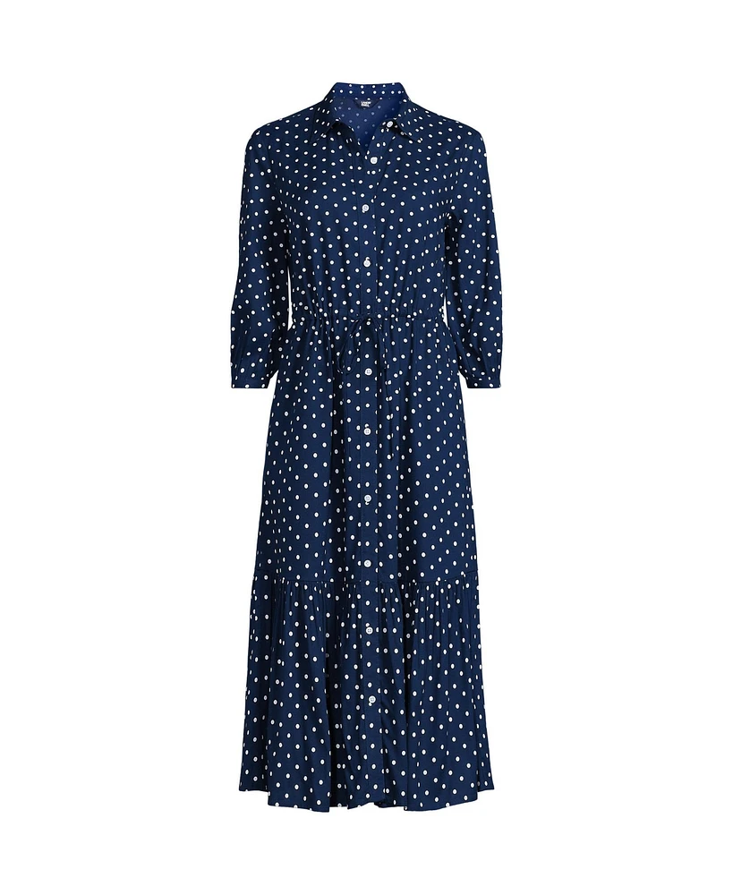 Lands' End Women's Rayon Shirred Midi Shirt Dress