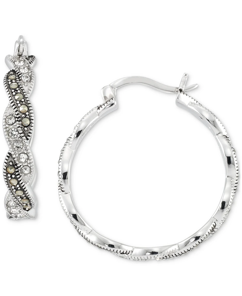 Marcasite (1/2 ct. t.w.) & Crystal Small Hoop Earrings in Sterling Silver, 1"