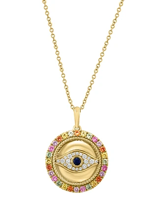 Effy Multi-Sapphire (7/8 ct. t.w.) & Diamond (1/6 ct. t.w.) Evil Eye 18" Pendant Necklace in 14k Gold