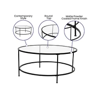 Merrick Lane Newbury Round Glass Coffee Table Set - 3 Piece Glass Table Set With Metal And Vertical Legs