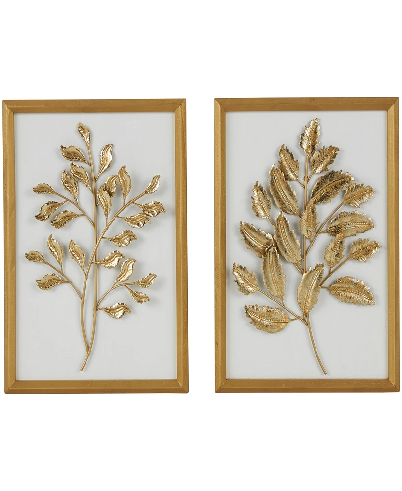 Rosemary Lane Gold Wood Leaf 3D Wall Decor with Beveled Frame, Set of 2 13"W, 17"H