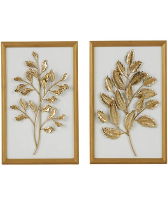 Rosemary Lane Gold Wood Leaf 3D Wall Decor with Beveled Frame, Set of 2 13"W, 17"H