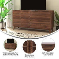 Emma+Oliver Beverly Mid-Century Modern Wooden Buffet With Soft Close Doors, Shelving And Sleek Tapered Legs With Protective Floor Glides